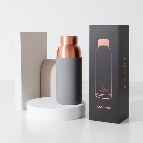 PAANI Pure Copper Water Bottle for Drinking 700ml with Grip Sleeve – Pure Copper Water Flask | Leakproof & Reusable Metal Water Bottle – Ayurvedic Travel WaterBottle for Gym & Yoga – Grey