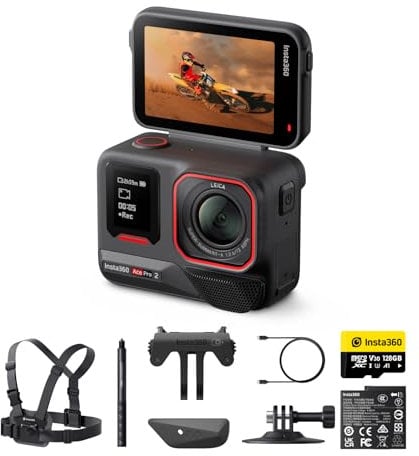 Insta360 Ace Pro 2 Ski Bundle - 8K Waterproof Action Camera Co-Engineered with Leica, 1/1.3 Sensor, Dual AI Chip, Leading Low Light, Superior Audio, Flip Screen & AI Editing for Vlogs