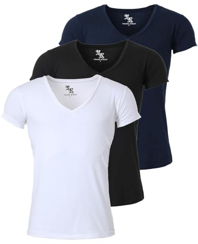 Young & Rich Herren Uni T-Shirt mit extra tiefem V-Ausschnitt Slimfit Stretch Dehnbare Passform einfarbiges Basic Shirt - 3er Pack, Grösse:XXL, Farbe:Weiß/Schwarz/Dunkelblau