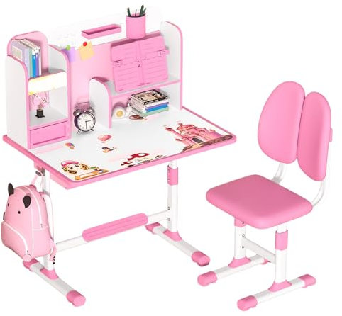 gihusrzx Kids Study Schreibtischstuhl Set, höhenverstellbar Kinder Schule Study Tisch Stuhl Set mit Sitzkorrektur, ergonomischer Schreibtischstuhl mit Buchständer, Fußpedal, Trennwand Design Rosa