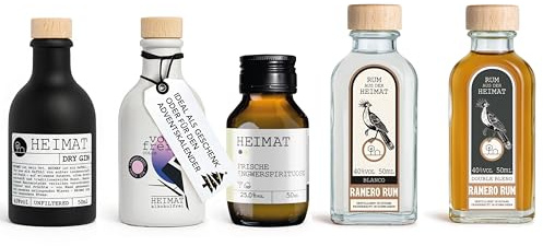 HEIMAT Spirituosen Probierset Miniatur 5x 50 ml | Rum, Gin, Ingwer-Spirituose & alkoholfreie Gin Variante | Ideal für Adventskalender zum Selbermachen oder Nikolausgeschenk