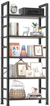 Sweetcrispy Bücherregal 5 Ebenen,Holz Standregal mit Metallrahmen,Lagerregal im Industriestil,Ablagen im Wohnzimmer Küche,Regal für Büro,Schlafzimmer,Arbeitszimmer,Modernes Schwarz,60Lx31Wx160Hcm