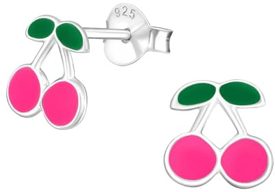 Monkimau Kirschen Kinder Ohrringe | 925 Silber | Mädchen Ohrstecker Schmuck | Hypoallergen & Nickelfrei | Kinderohrringe Geschenkidee