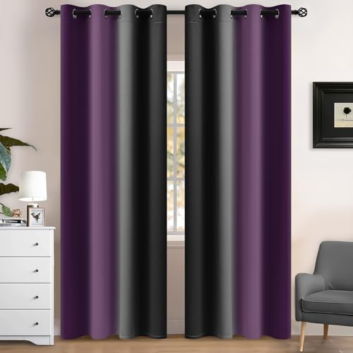 Yakamok 90 Inch Length Purple and Black Light Blocking Gradient Color Ombre Curtains with Grommet, Room Darkening Window Treatment Drapes for Living Room(2 Panels, 52x90 Inch)