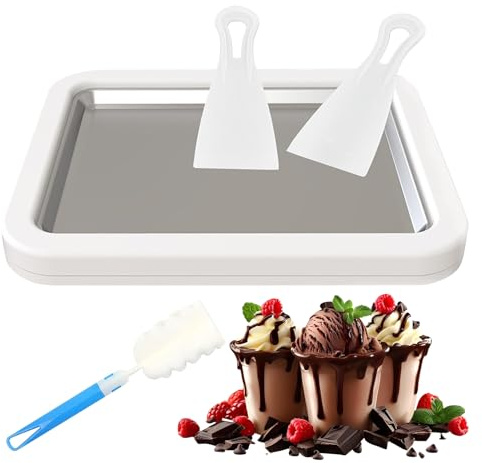 WIYETY Eisplatte zum Eis Machen, Rolled Ice Cream Maker mit 2 Spateln, Eisplatte Eis Rolls mit Reinigungsbürste, Ice Cream Rolls Maker, Eiscreme Maschine, Ice Rolls Maschine - Weiß - 26 x 21 cm