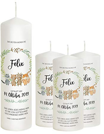 Scheinvoll® Taufkerze Waldtiere für Jungen und Mädchen - 25 x 8 cm Modell Felix - Hochwertige Kerze zur Taufe (mit 3 Patenkerzen)
