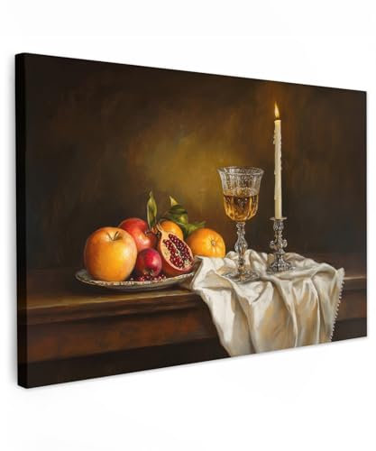 MuchoWow© Bilder Groß 120x80 cm XXL Wohnzimmer Deko Modern Wandbild Kunstdruck auf Leinwand Bild Schlafzimmer über Bett Room Decor Geschenke Obst - Stilleben - Wein - Kerze