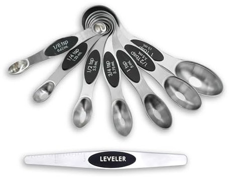 Magnetic Measuring Spoons Set of 8, Dual Sided Stainless Steel Teaspoon and Tablespoon Set with Leveler, Stackable Kitchen Measuring Tools for Dry and Liquid Ingredients, Fits in Spice Jars