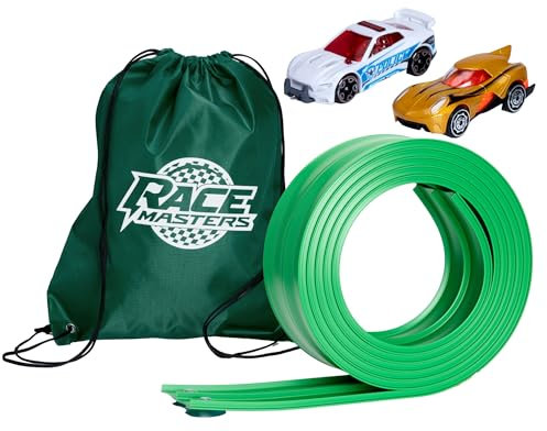 FlexiTrack – 4m Flexible Two-Lane Die-Cast Car Track Toy | Includes 2 Race Cars & Storage Bag | Mounts on Windows, Doors & Walls | STEM Toy for 3+ Year Old Kids | Tool-Free Setup | Made in the UK