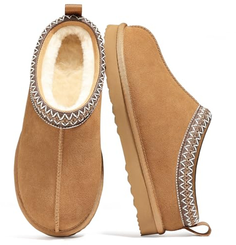 bebealy Genuine Suede Fuzzy Slippers for Women Winter Warm House Shoes Cozy Mini Boots for Indoor Outdoor, Chestnut 39