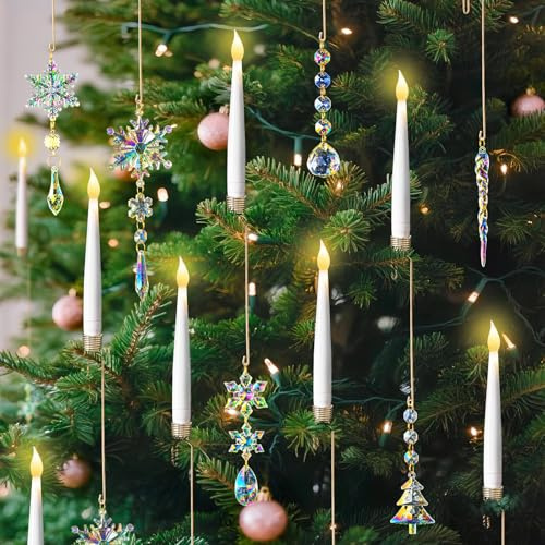 Lanpn Candele LED per Albero di Natale 12 Pz, Candela Natalizie Senza Fiamma A Batteria con Telecomando Timer, Candele Coniche con Decorazioni Cristallo Natalizi per Alberi Festa Casa, Iridescente