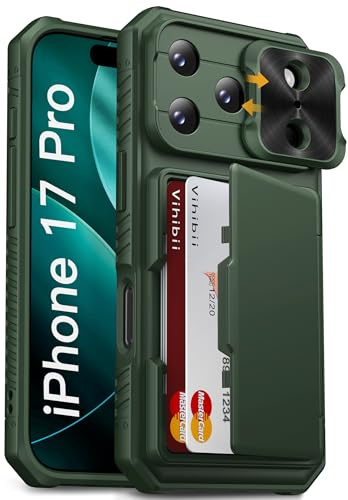 Vihibii for iPhone 17 Pro Case Wallet with Card Holder (4 Cards), Green | Slide Camera Cover, Military Protection, RFID Blocking, Rugged Hard Back, Silicone Hard Case for iPhone 17 Pro 6.3 2025