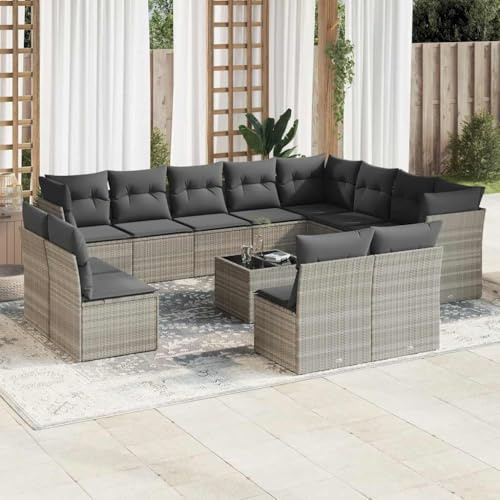 Qnhdfrt Garten Sofa Garnitur Set Hellgrau PE Rattan mit Glas Tisch und Kissen Modulares Design für Terrasse Balkon Garten