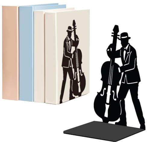 WADORN 1 Paar Buchstützen Aus Metall Mit Jazz Musik Auftritt Für Regale Dekorativ, Jazz Cello Robuste Buchstützen Aus Metall rutschfest Schwarz L Förmiger Buchstopper Für Bibliothek Büro 13.5x11x20cm
