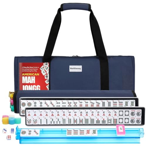 Marllifenney American Mahjong Tile Set,166 White Tiles Mahjong Set,4 Colors Mahjong Racks,Travel Mahjong Set with Blue Carrying Bag