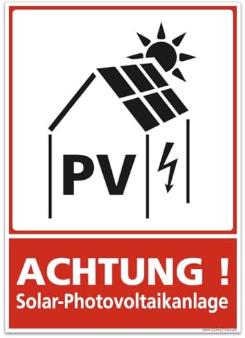 Signalétique.biz France - Achtung Solar-Photovoltaikanlage Schild aus Aluminium-Verbundplatte 2mm – Warnschild PV Anlage | Schwarz/Weiß/Rot Piktogramm | 210x150 mm