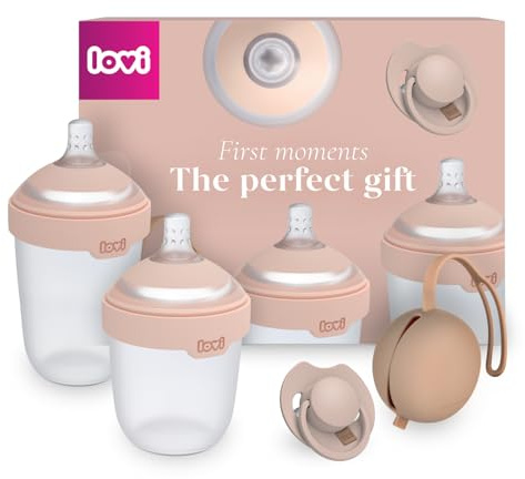 LOVI Erstausstattungsset – Mammafeel Babyflaschen 150 ml & 250 ml, Sauger 0m+ & 3m+, Silikon-Schnuller Prime Nude 0-6 m mit Sterilisationsetui, Silikon-Schnulleretui