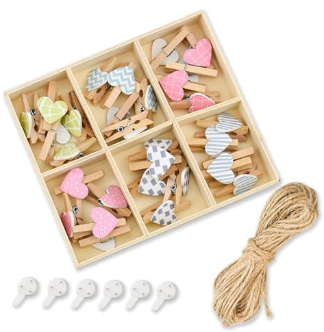 fKiZanthene Mini Pinces à Linge Bois Cœur Lot de 30, Pinces Décoratives en Bouleau pour Mini Pince a Linge Bois Déco, Affichage Photo, Fête, Mariage et Décor Maison