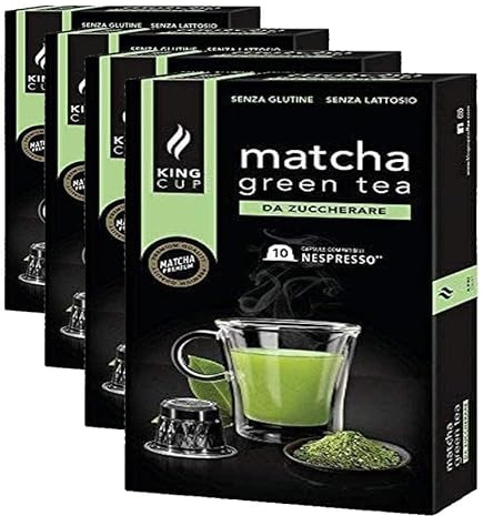 King Cup - 4 Paquet de 10 Capsules de Thé Matcha Sans Sucre, 10 Capsules 100% Compatible avec le Système Nespresso de Boisson Aromatisée Thé Matcha, Sans Gluten et Sans Lactose