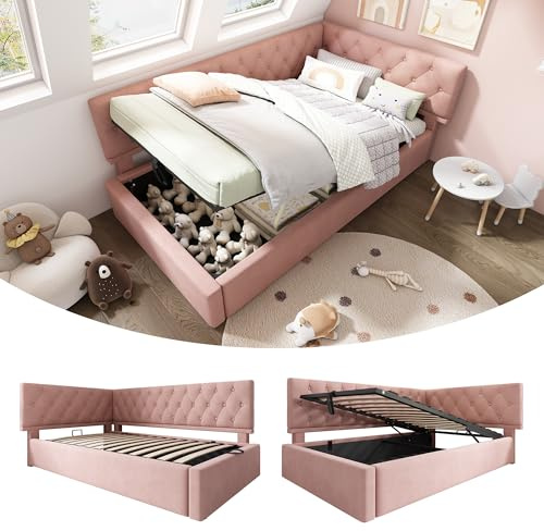 vutizal Fröhliches Tagesbett 90x200cm Pink – Hydraulikmechanismuss & Stauraum, Ausziehbares Polsterbett Jugendbett & Schlafsofa, Weichem Samt, inkl. Massivholz-Lattenrost