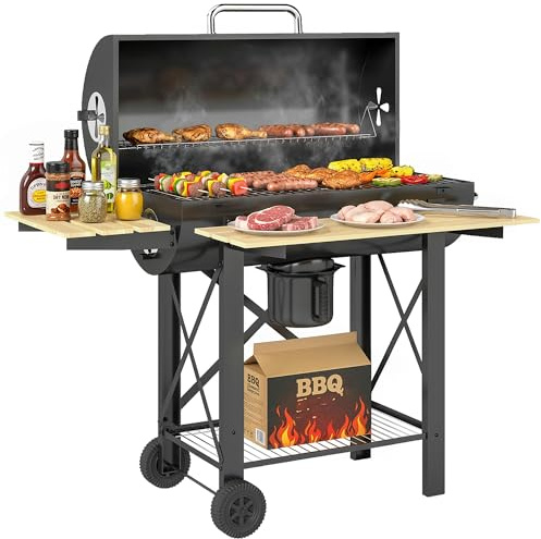 Outsunny Barbecue Charbon de Bois XXL en Acier avec Couvercle Fumoir - Chariot Grill de Jardin avec Tablette Pliable en Bois - Cuisson avec Poignée Isolante pour Terrasse et Camping, Noir