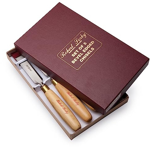 Robert Sorby E1665ST Set of 5 Bevel Edge Chisels with Satinwood Handles in Cardboard Presentation Box - Woodworking Tools - Chisel Set