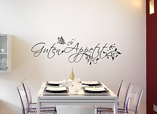 Grandora Wandtattoo Guten Appetit + Schmetterling I schwarz (BxH) 120 x 39 cm I Küche Esszimmer Sticker Aufkleber Wandaufkleber Wandsticker Stickers W849
