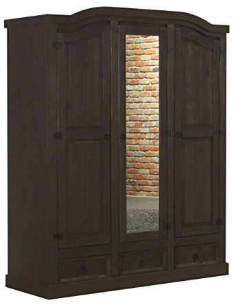 Dynamic24 3-türiger Kiefer Kleiderschrank New Mexico mit Spiegel kolonial