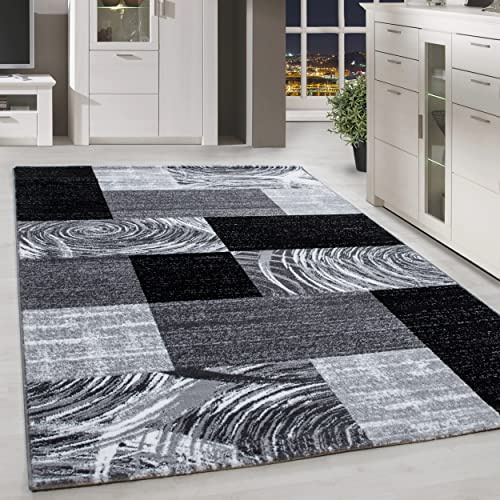 HomebyHome Teppich Wohnzimmer 200x290 cm Schwarz Modern Abstraktes Kariert Design Kurzflor Schlafzimmer Esszimmer Küche Jugendzimmer Waschbar Pflegeleicht Extra Weich