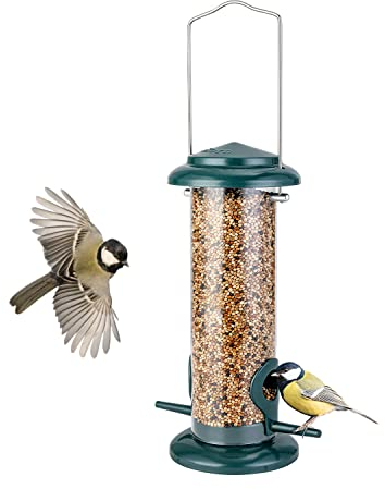 iBorn Metal Bird Feeder Hanging Wild Bird Seed Feeder for Mix Seed Blends, Niger Seed Feeder, Sunflower Heart, Birdbath, Heavy Duty All Metal Green Finishing, Green 8 Inch