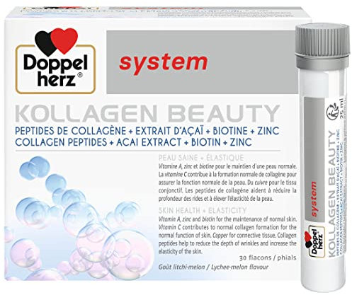 Doppelherz – Kollagen Beauty – Peptides de collagène pour une peau saine et plus élastique – Extrait d'Açaï, Biotine et Zinc – Goût litchi-melon – 30 flacons de 25ml