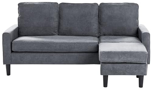 Mid-Century Transitional 3 Seater Dark Grey Fabric Sofa with Ottoman Avesta