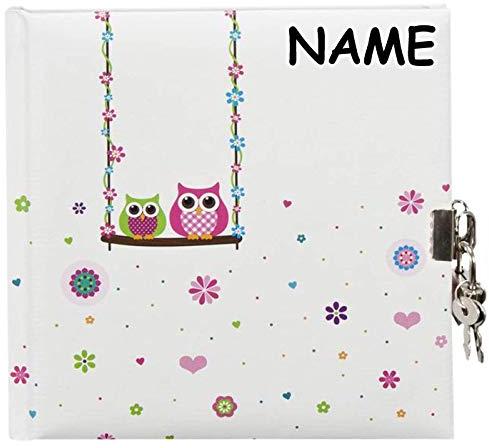 personalisiert mit Name - 44043 - Tagebuch, Eule, 96 weiße Seiten, 16,5 x 16,5 cm, Schloss mit 2 Schlüsseln, Laminierter Kunstdruck, farblich Sortiert