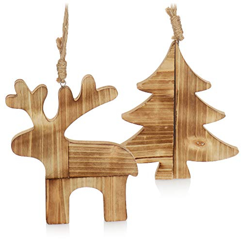 com-four® 2-teilges Hängedeko Set aus Holz - Dekoration zum Aufhängen in Elchform und Tannenbaumform - weihnachtliche Wanddeko (02 teilig - Rentier. Tannenbaum)