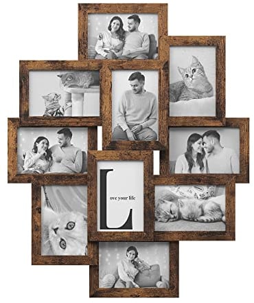 SONGMICS Bilderrahmen-Collage, Fotorahmen Familie, für 10 Fotos je 10 x 15 cm (4 x 6 Zoll), aus MDF-Platten, Montage erforderlich, vintagebraun RPF020X01