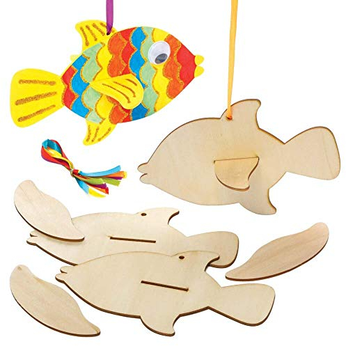 Baker Ross FE234 Fisch Holz Dekoration Bastelset zum Aufhängen - 4er Pack, Deko Bastelset für Kinder zum Basteln, Kindergeburtstag Basteln