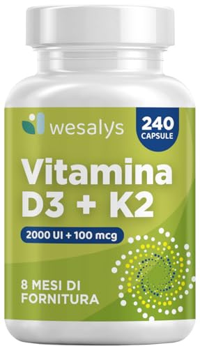 Vitamina D3 K2 240 Capsule (8 Mesi), Vitamin D3 2000 UI + 100 µg Vitamina K Menachinone. La Vitamina K Contribuisce al Mantenimento di Ossa Normali (EFSA). Vit Wesalys