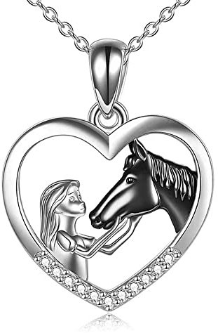TOFBS Mädchen und Pferd Halskette Silber Herz Anhänger Halskette Geschenke für Mädchen Frauen Freundin Ehefrau Mutter Tochter Pferdeliebhaber (#1*Schwarz Pferd)