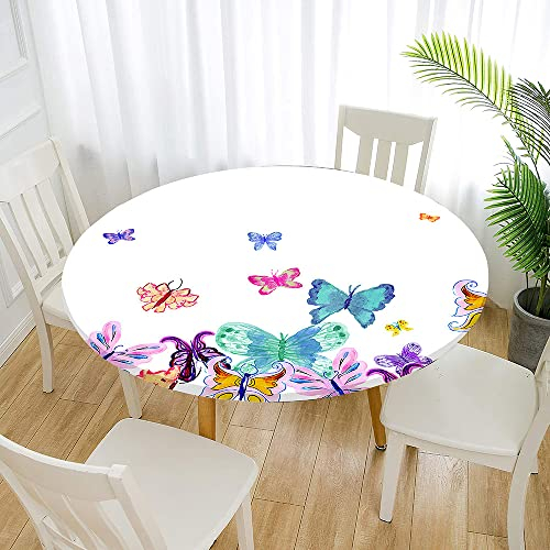 Morbuy Tischdecke Abwaschbar Outdoor Rund 70cm, Elastisch Tischdecken Outdoor Wasserabweisend Lotuseffekt Schmetterling Table Cloth für Garten Restaurant, Ideal für 50cm-60cm
