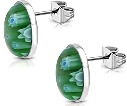 CHICNET Chirurgenstahl Ohrstecker Edelstahl Ohrstecker Muranoglas grün oval 16mm Blumen blau bunt Damen große Ohrringe Murano Glas Ohr Schmuck Blümchen