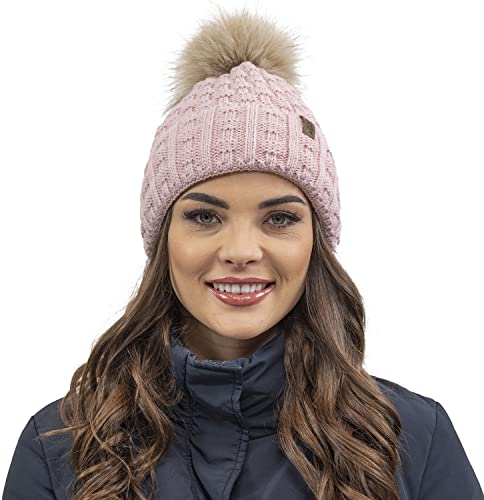 Vivisence Cappello Invernale da Donna con Pompon Realizzato in Filato Morbido E Caldo con Fodera Interna in Pile Antistatico vestibilità Comoda Ideale per l'inverno, Rosa Chiaro,Taglia Unica