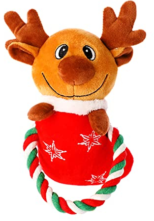 Dingo Plüsch Hundespielzeug Reintier Bjorn 20 cm mit einem Seil, Geschenk für einen Hund Weihnachten Spielzeug mit einem Quietscher 17397