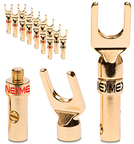 16x Kabelschuhe NEXMEX High End Stecker für Lautsprecherkabel Gabelschuhe Steckverbinder für Kabel bis 6mm² 24K vergoldet löt- oder schraubbar Flexibler Anschluss für HiFi-Boxen Verstärker Endstufen