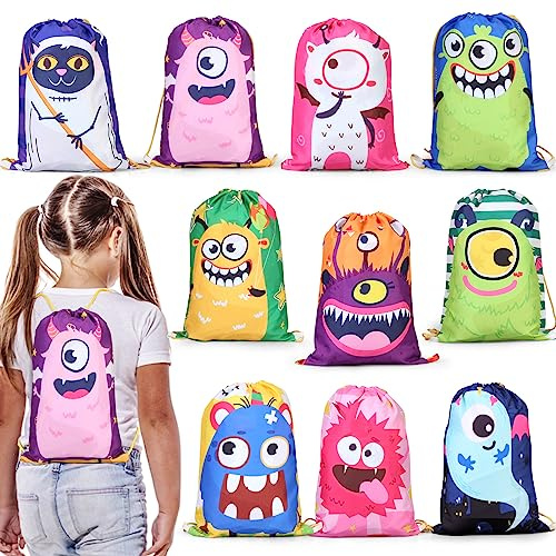 kramow 10 Bolsas de Cuerdas para Infantil,Mochila con Cordón Niños Bolsas Regalo Cumpleaños Deporte Gimnasio Backpack para Niños Niñas Fiesta de Cumpleaños Regalos (Patrón de Monstruo)