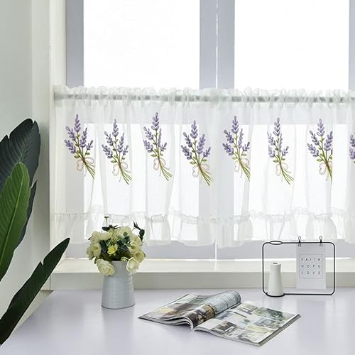 Devola Scheibengardinen Transparent Kurz Gardine Küchengardine Stickerei Blumenmuster Bistrogardine Landhausstil Cafe Vorhang Kleinfenster Scheibengardine BxH 90x45cm Lavendel 1 Stück