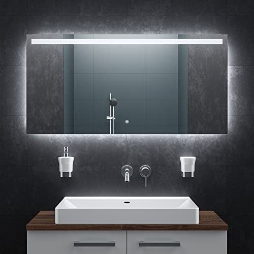 BR Bringer LED Badspiegel - 120x60 cm - Badezimmerspiegel mit Beleuchtung und Anti-Beschlag Funktion - Dimmbar, Energiesparend, 3 Lichtfarben, Touch-Schalter und Speicherfunktion