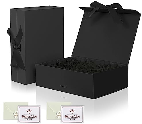 2PCS Black Gift Box Set, Luxury Magnetic Gift Box with Lid Ribbon Greeting Card Shredded Paper, Gift Packaging Box for Present Birthday Wedding Anniversary Festival