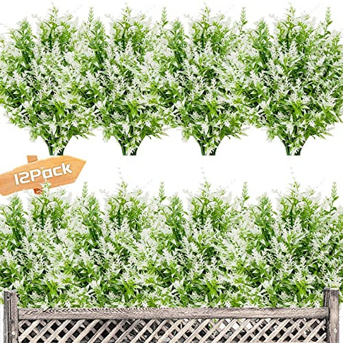 Garlag 12 Bundles Artificial Lavender UV Resistant Plants Outdoor Faux Flowers Shrubs for Floral Arrangement, Indoor Outside Hanging Garden Home Wedding Farmhouse Decor (White)
