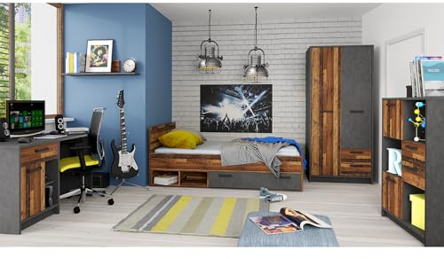 Lomadox Jugendzimmer Komplett-Set mit Bett 90x200, Schreibtisch, Arbeitsplatz, Kleiderschrank, Highboard, Regal, Kinderzimmer Möbel in grau mit Holz