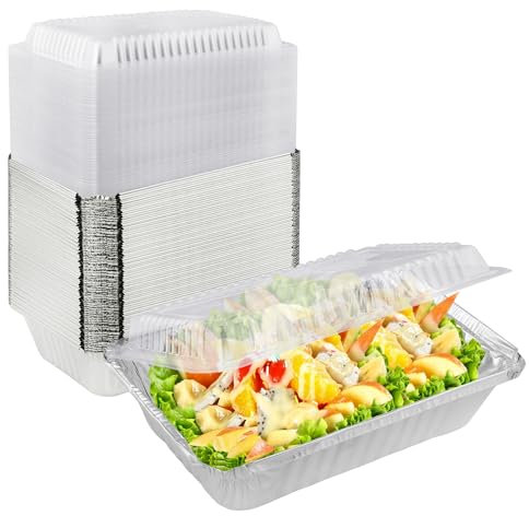 GENHAKON Paquete de 125 Bandejas Desechables de Aluminio de 8.5 x 6.3 pulgadas, Sartenes de Aluminio Desechables con Tapas para Hornear, Preparar Alimentos, Calentar, Almacenar
